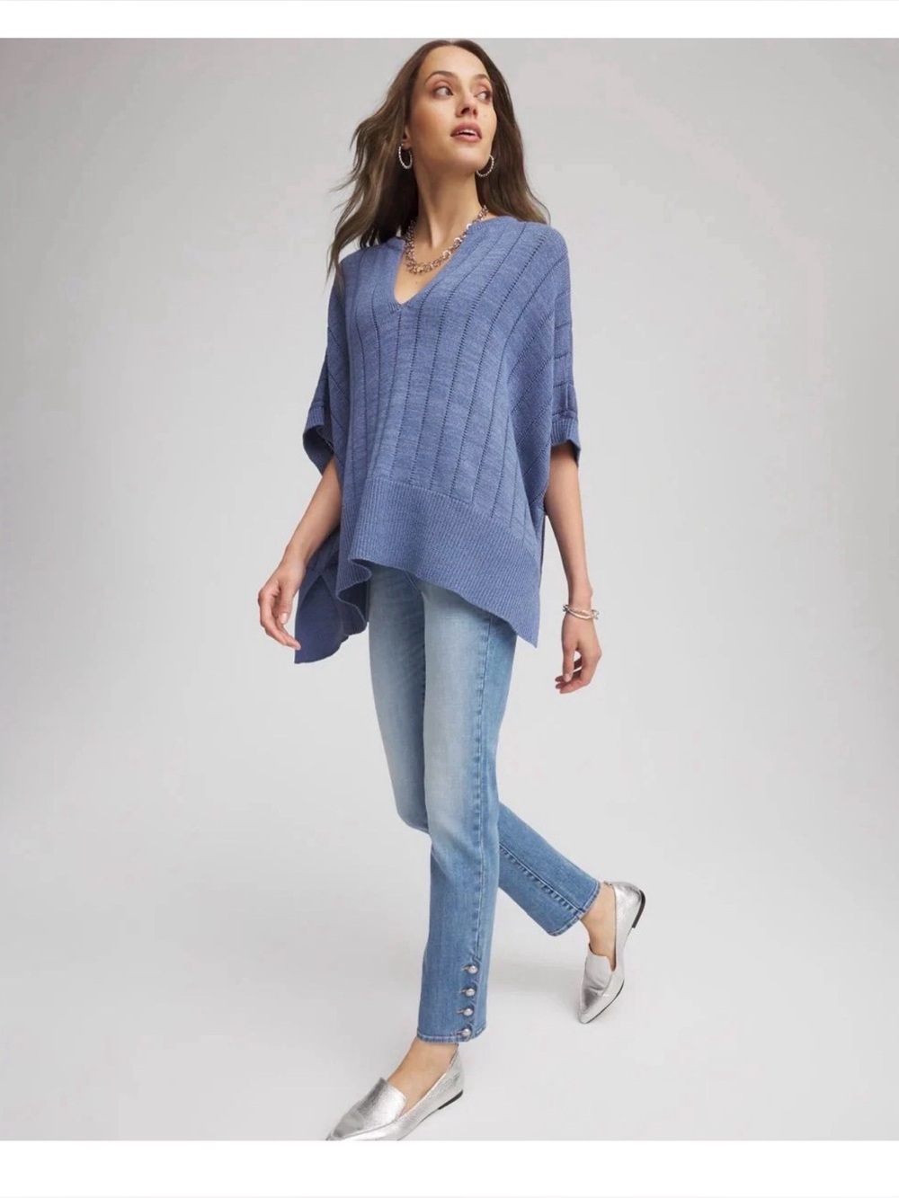 Chico’s Collection split neck, short sleeve poncho oversized one size fit knit